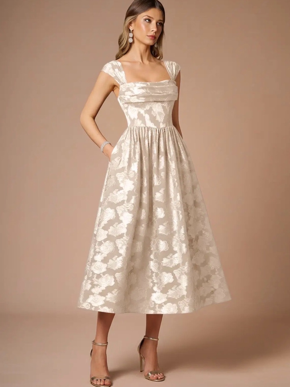 Azazie Cream Floral Jacquard Midi Dress - Picture 1 of 2